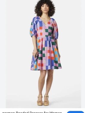 Gorman Patchwork Geometric Organic Cotton Mini Dress Size 18 Puff Sleeve Dress